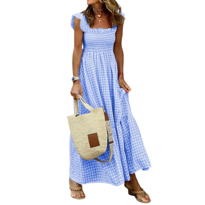 Versatile women's smocked tiered maxi dress. Perfect summer, casual, or vacation dress for effortless style.