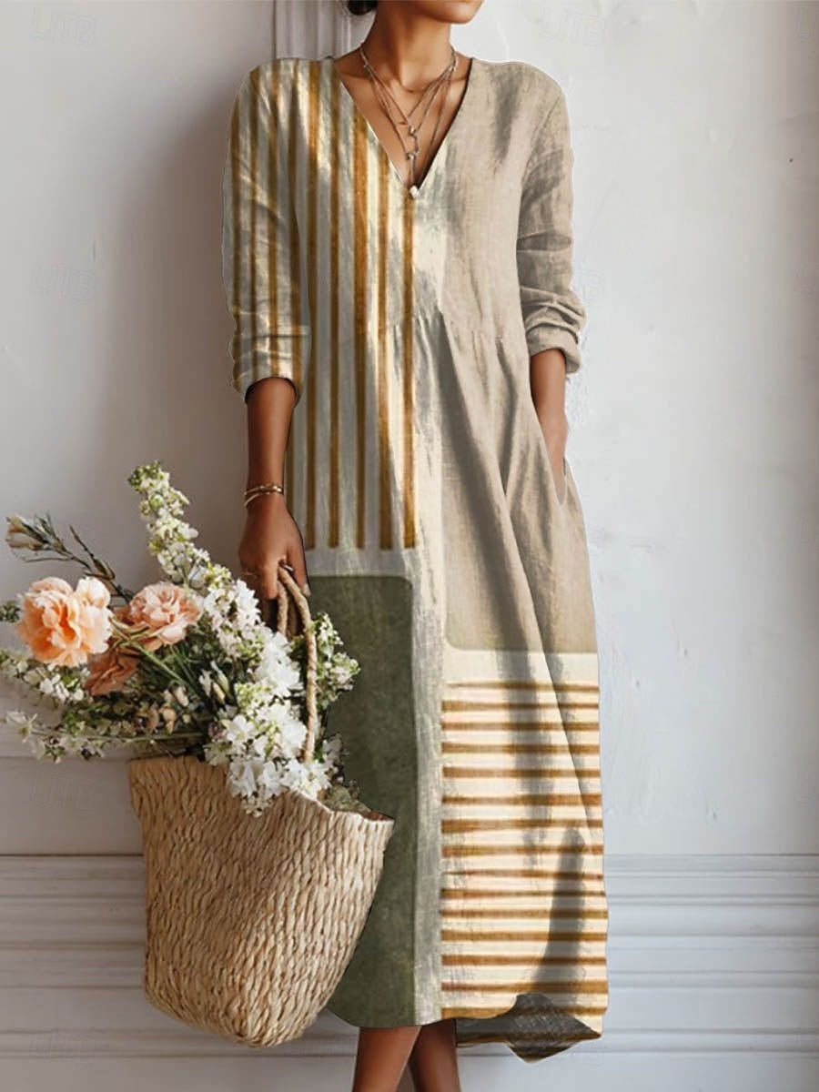 Women's soft earth tone relaxed fit midi dress, ideal for comfortable everyday wear. Versatile casual spring/summer style.