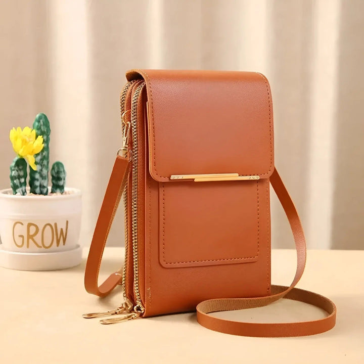 Luxurious soft leather texture of an anti-theft women's shoulder bag. High quality.