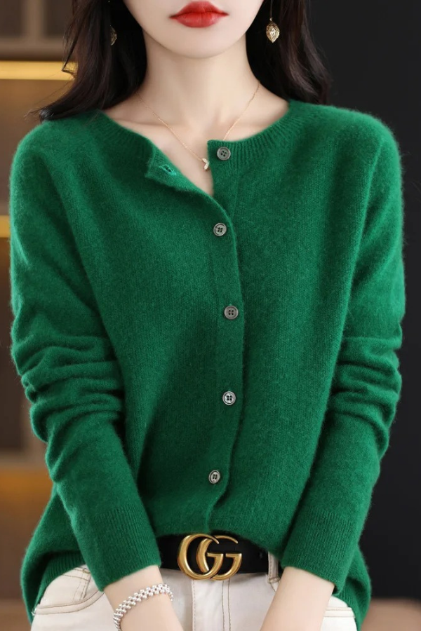 Fine knit women's soft long button-front cardigan, an elegant layer for cooler fall days.