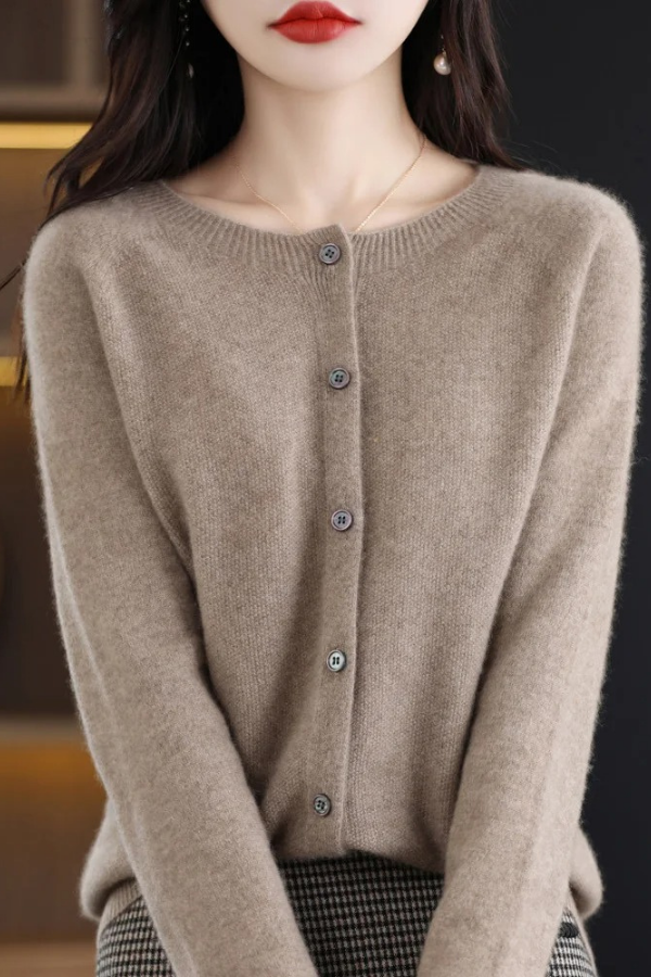 Chic beige women's soft long button-front cardigan, a stylish addition to fall fashion outfits.