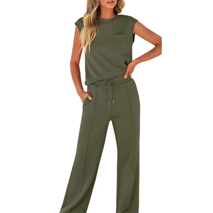 Soft fabric women's matching set, breathable for summer, versatile lounge wear.