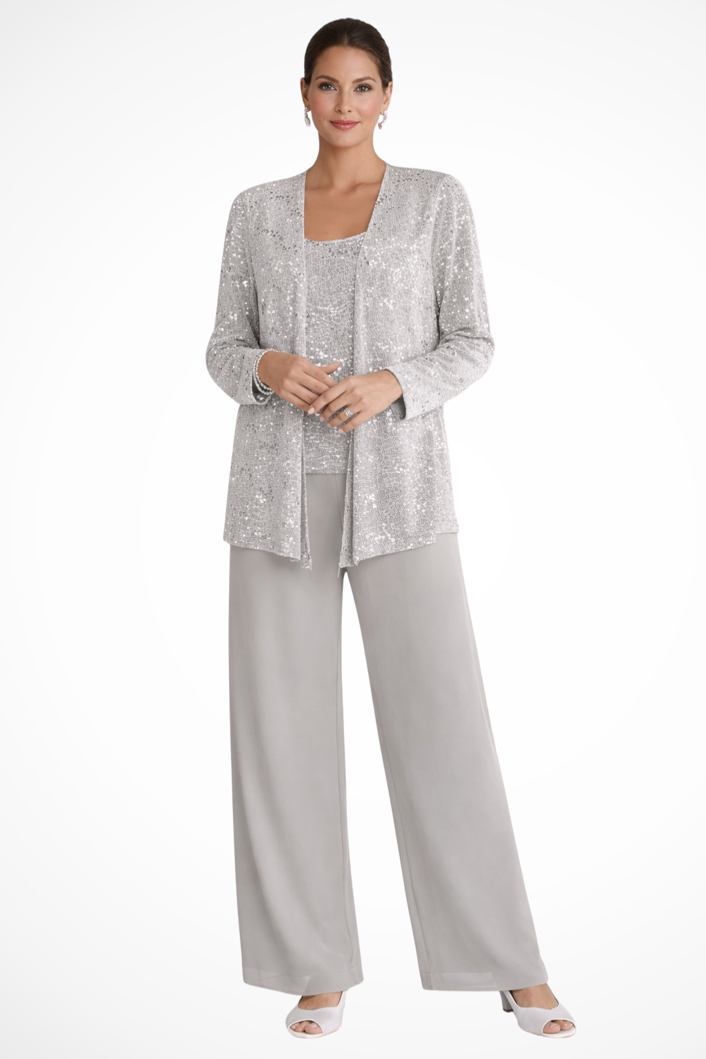 Women's sophisticated sequin 3-piece pant set, perfect for formal evening wear & special occasions.