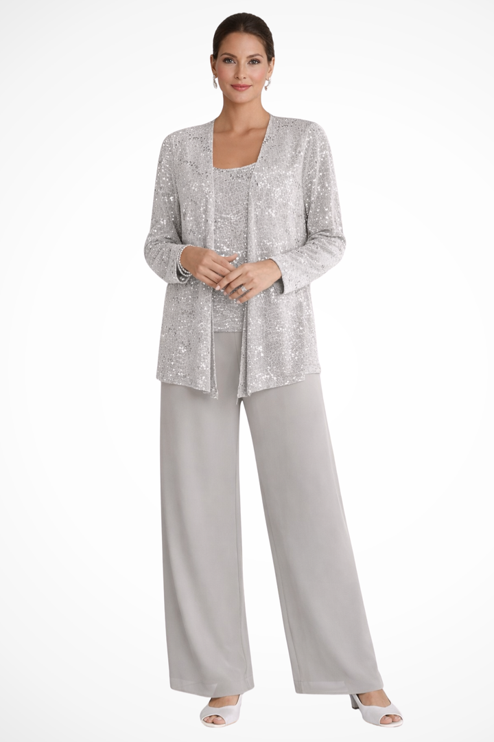 Women's sophisticated sequin 3-piece pant set, perfect for formal evening wear & special occasions.