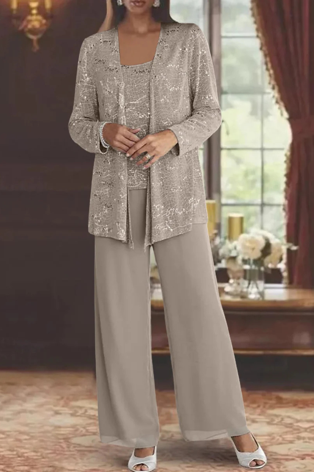 Professional yet glamorous women's sequin pant suit, a chic three-piece set for formal events.