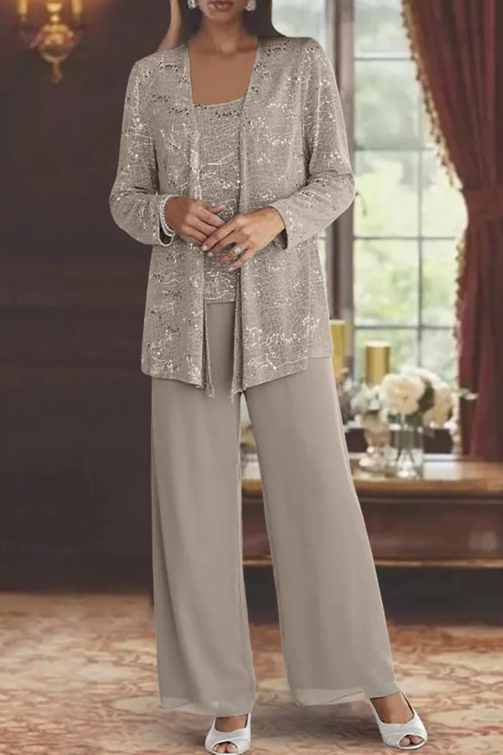 Professional yet glamorous women's sequin pant suit, a chic three-piece set for formal events.
