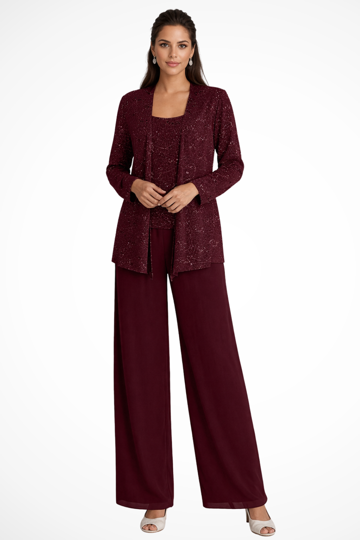 Flowing wide-leg women's sequin 3-piece pant set, an elegant choice for evening and party wear.