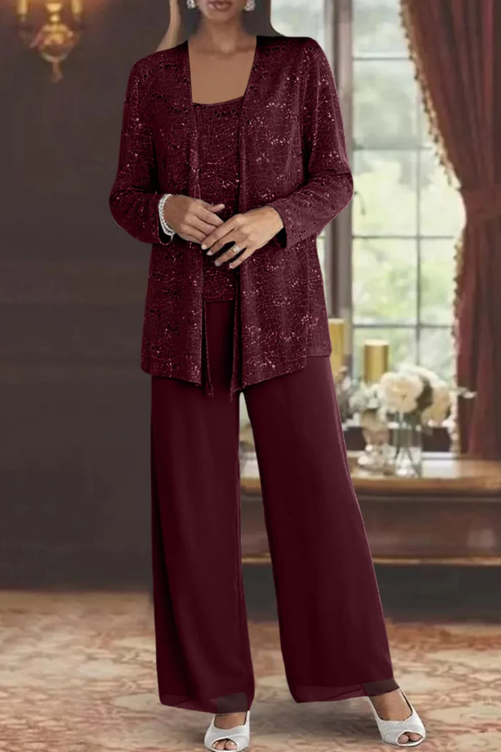 Coordinated women's sequin three-piece pant set, a luxurious and glamorous formal wear ensemble.