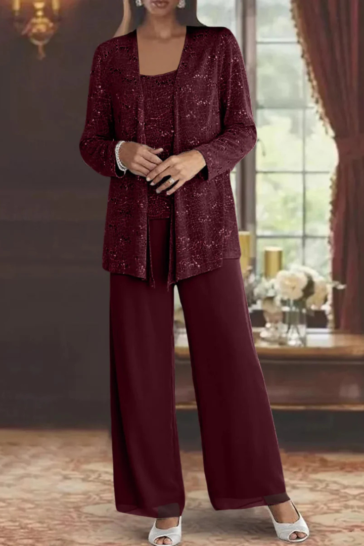 Coordinated women's sequin three-piece pant set, a luxurious and glamorous formal wear ensemble.