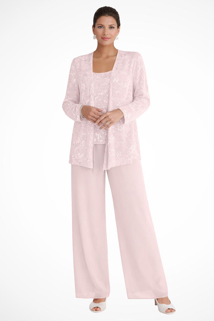 Richly embellished women's sequin 3-piece pant set, perfect for elegant evening wear.