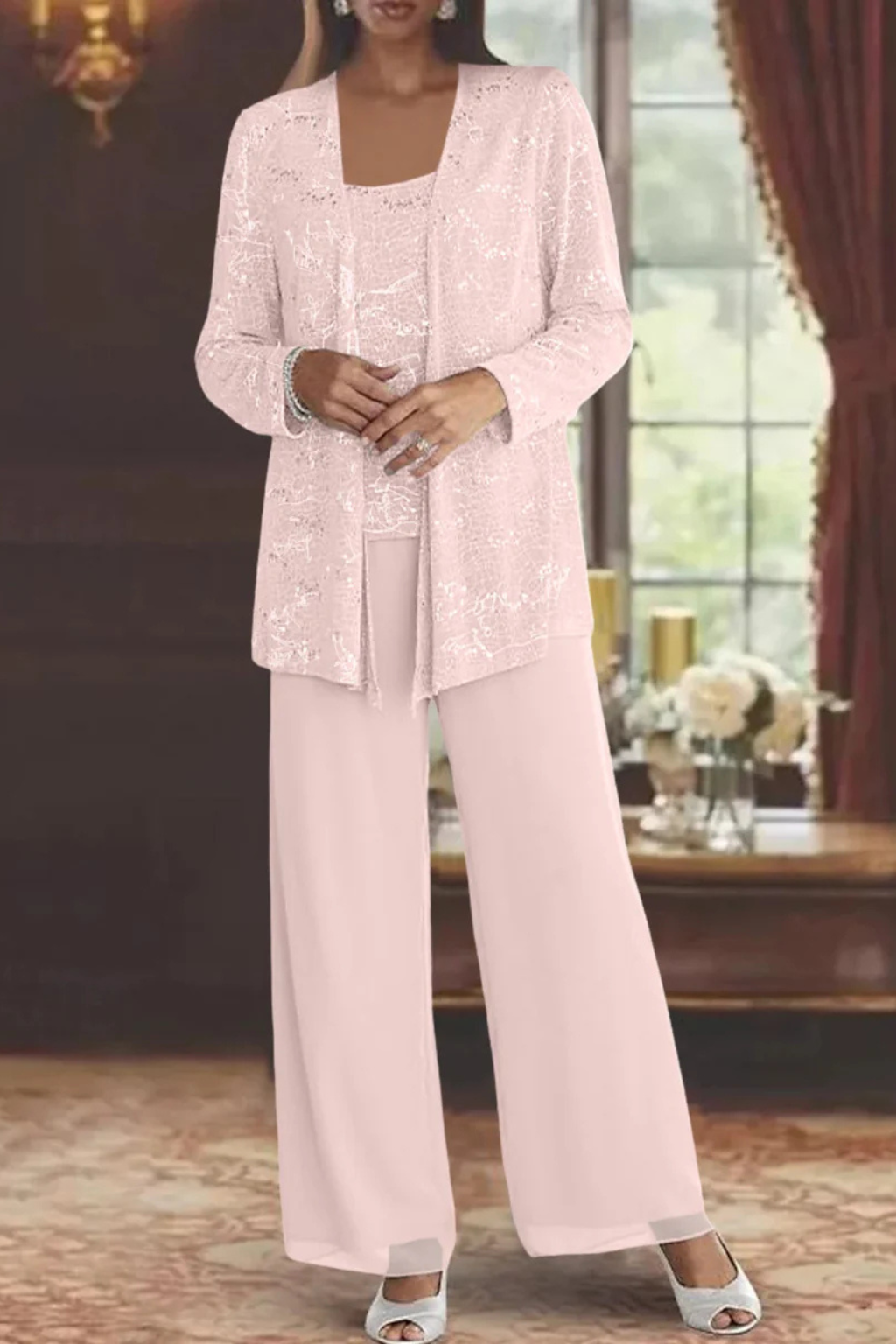 Fashion-forward women's sequin 3-piece pant set, making a statement for special occasion dressing.