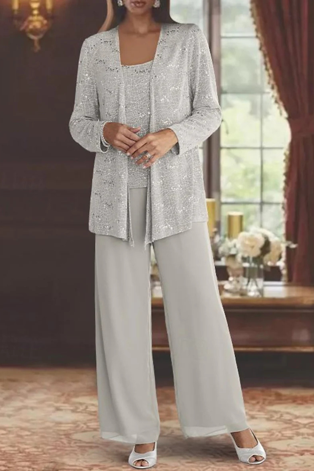 Glamorous women's 3-piece sequin pant set with wide-leg trousers, sparkly jacket, and matching top.