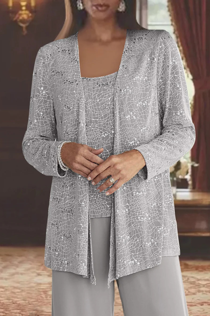 Elegant women's sequin three-piece pant set for evening parties, formal events, and glamorous wear.