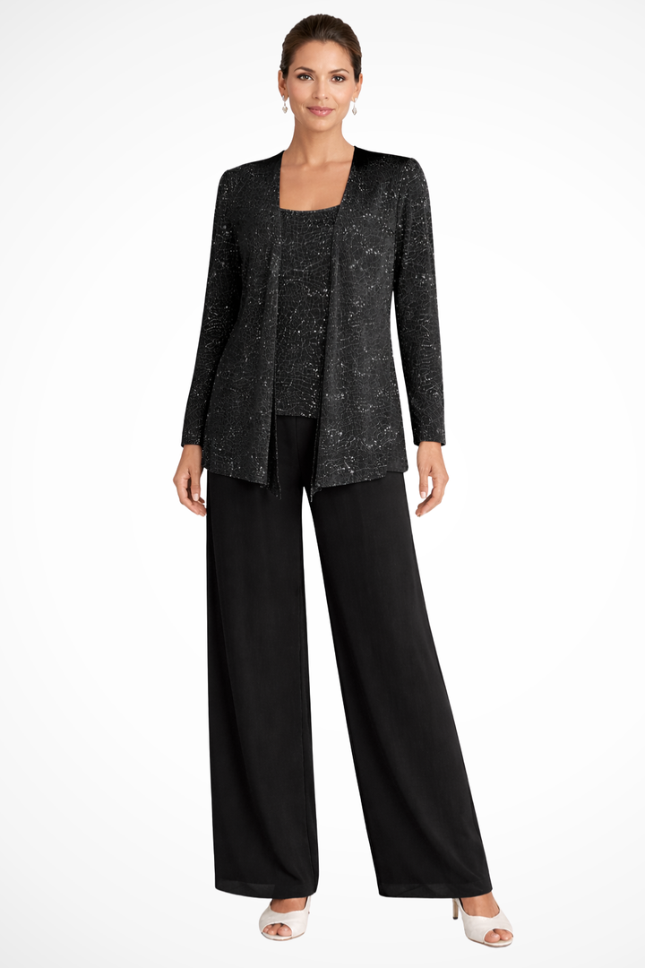 Sparkling women's sequin 3-piece pant set, an elegant choice for any party or special occasion.