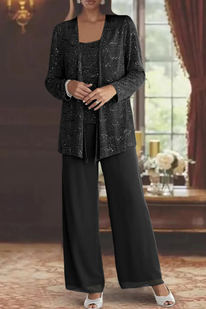 Complete women's formal sequin pant set, a glamorous three-piece ensemble for evening events.