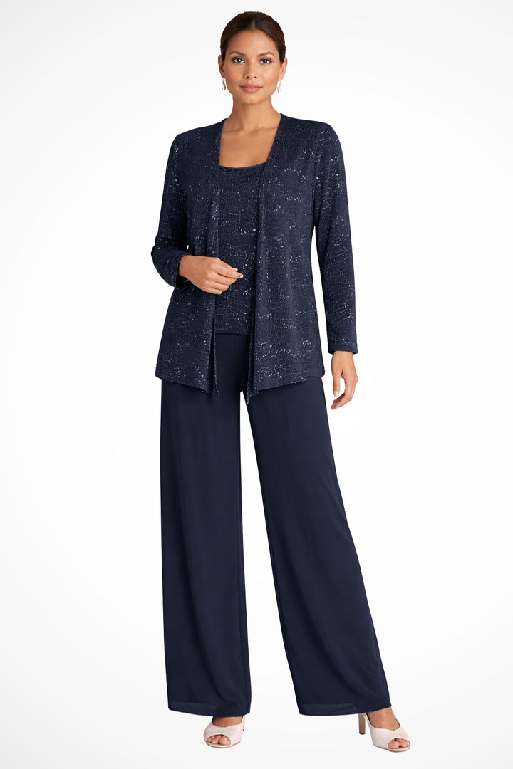 Modern women's sequin three-piece pant set, ideal for a glamorous party outfit or evening wear.