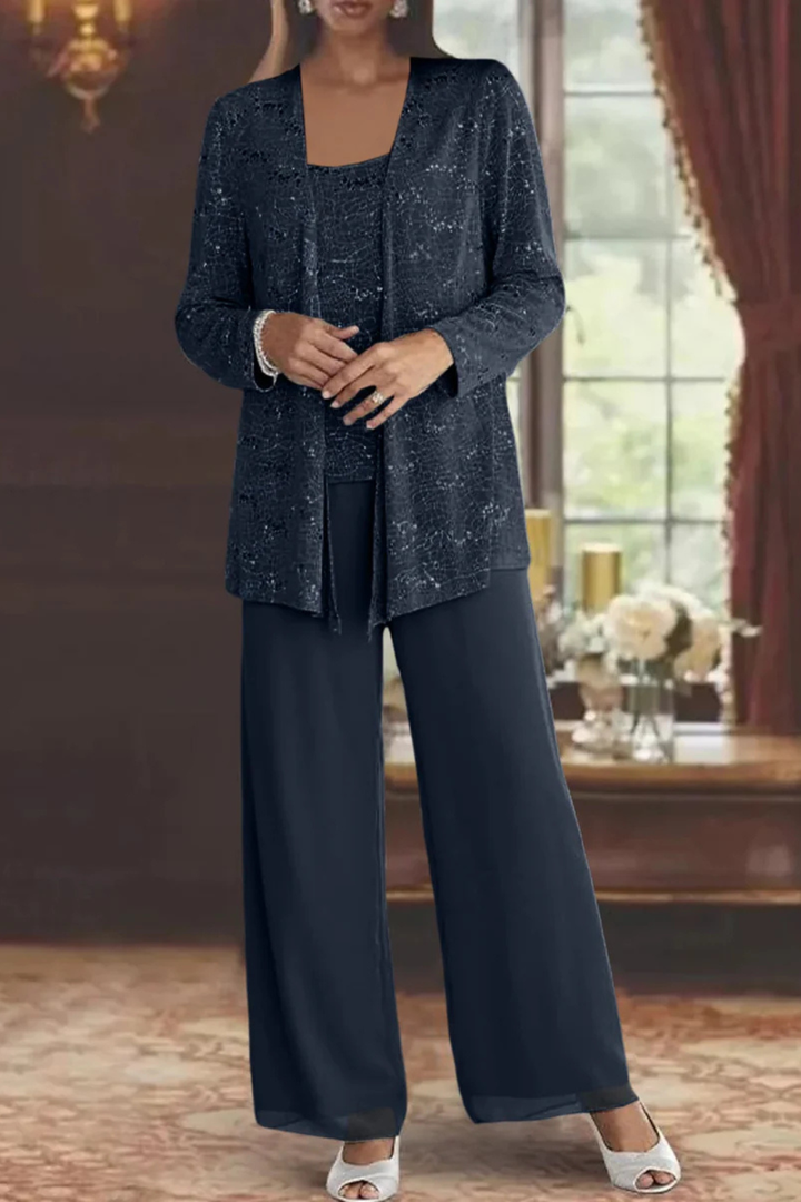 Full view of a sophisticated women's sequin 3-piece pant set with wide-leg trousers and jacket.