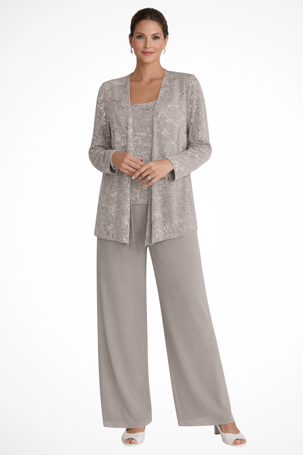 Detailed view of a women's sequin three-piece pant set, perfect for special occasions & formal wear.