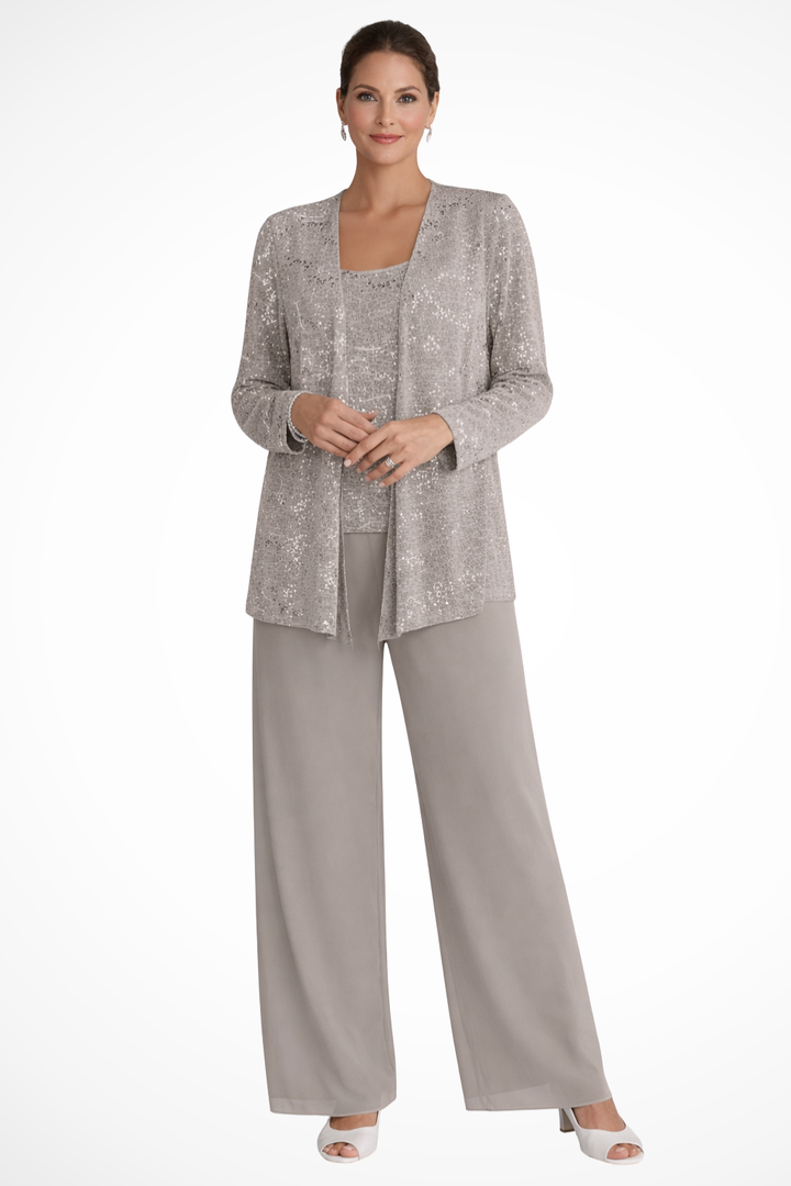 Detailed view of a women's sequin three-piece pant set, perfect for special occasions & formal wear.