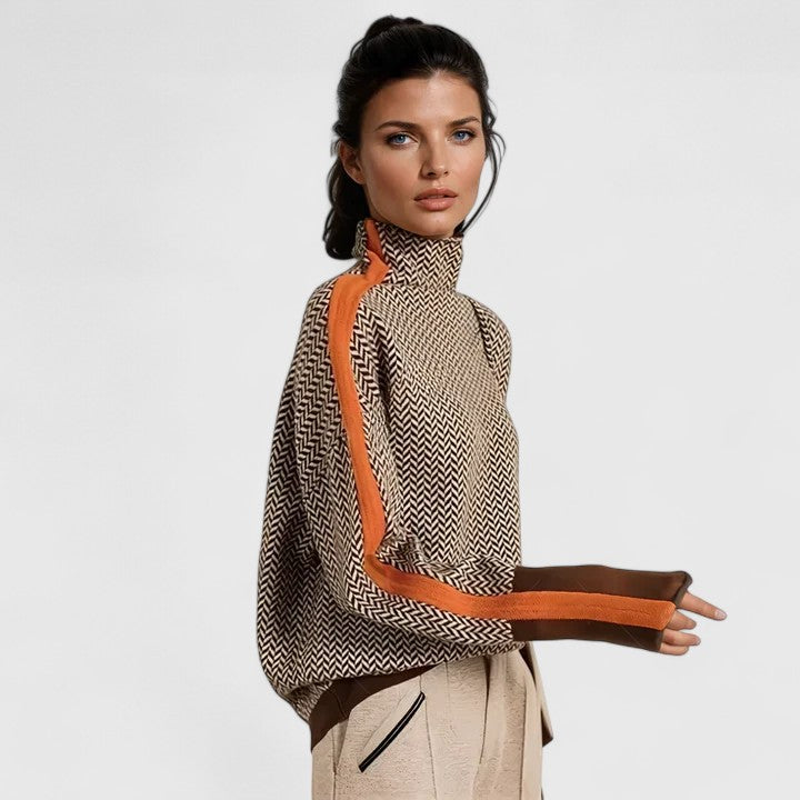 Women's sophisticated striped high-collar sweater. Chic, elegant fall/winter fashion. Versatile knit pullover.