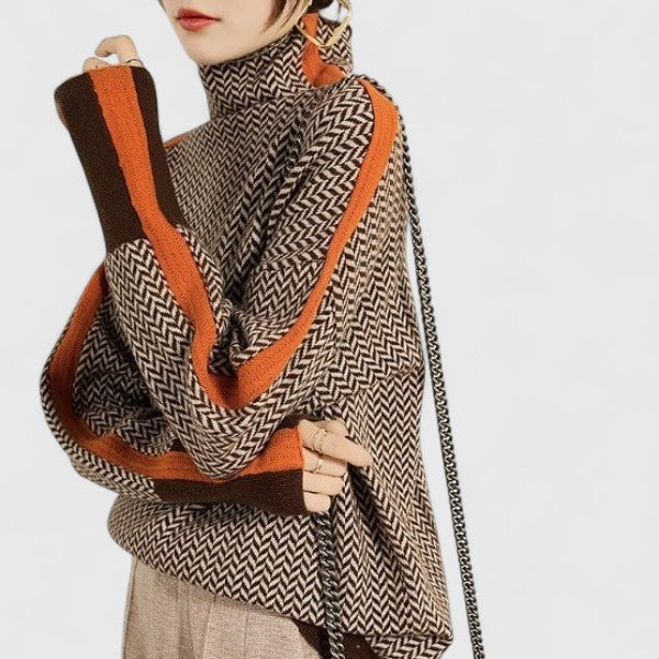 Comfortable women's striped high-collar sweater, perfect for elegant fall winter style. Chic knit pullover.
