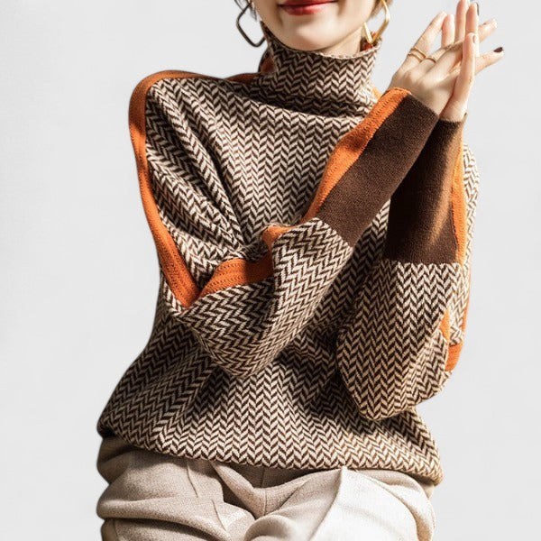 Elegant striped high-collar sweater for women. Versatile knit top, ideal for sophisticated fall outfits.