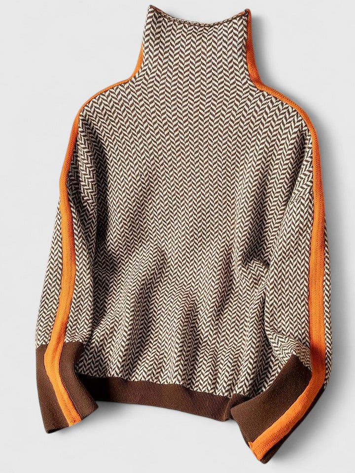 Chic women's striped high-collar sweater. A sophisticated statement piece for fall and winter fashion.