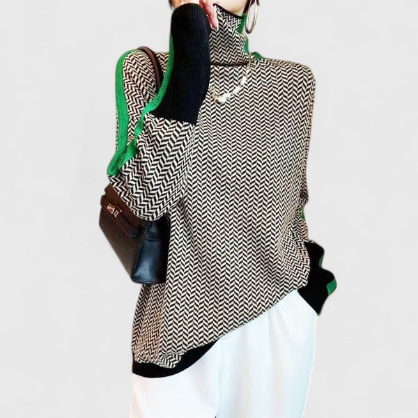 Women's stylish striped high-collar pullover. Comfortable, elegant knit perfect for versatile cold-weather looks.