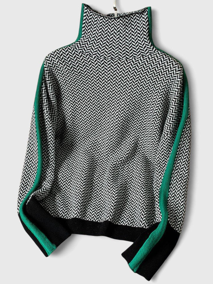 Sophisticated women's striped high-collar sweater. Elegant, cozy knit for office or casual fall winter wear.