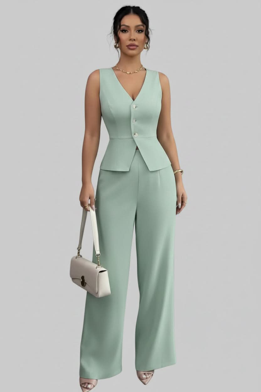 Women's sophisticated tailored waistcoat & wide-leg pants two-piece set for a chic business casual look.