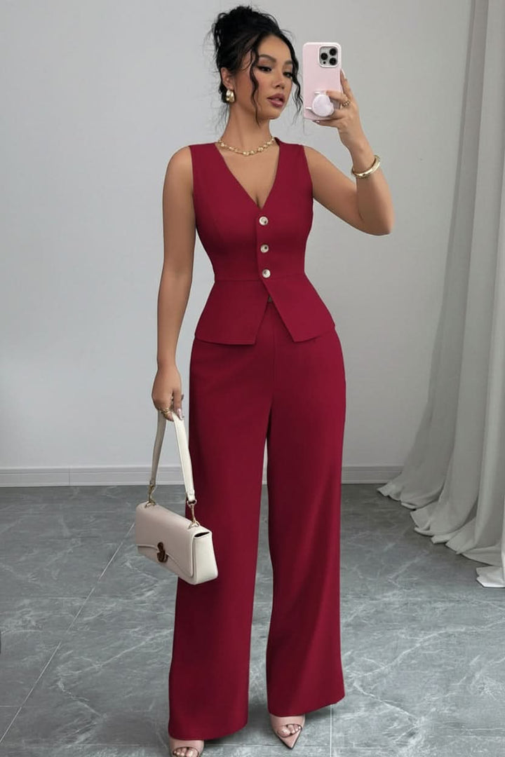 Modern women's coordinated two-piece set featuring a stylish waistcoat and elegant wide-leg pants for spring/summer.