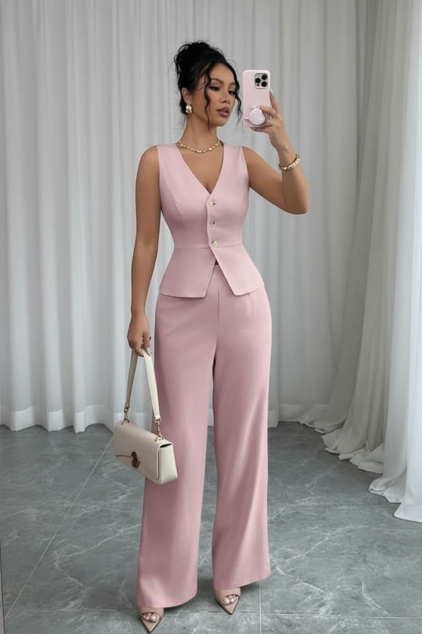 Elegant women's two-piece office wear set: chic waistcoat and wide-leg trousers, perfect for business casual fashion.