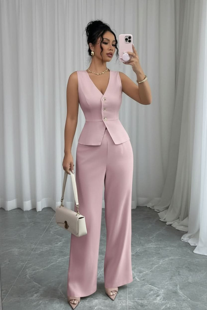 Elegant women's two-piece office wear set: chic waistcoat and wide-leg trousers, perfect for business casual fashion.