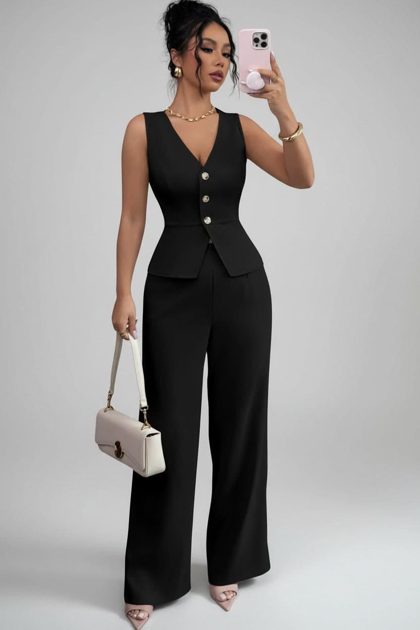 Stylish women's tailored two-piece set: sophisticated waistcoat & wide-leg pants. Versatile for office or events.