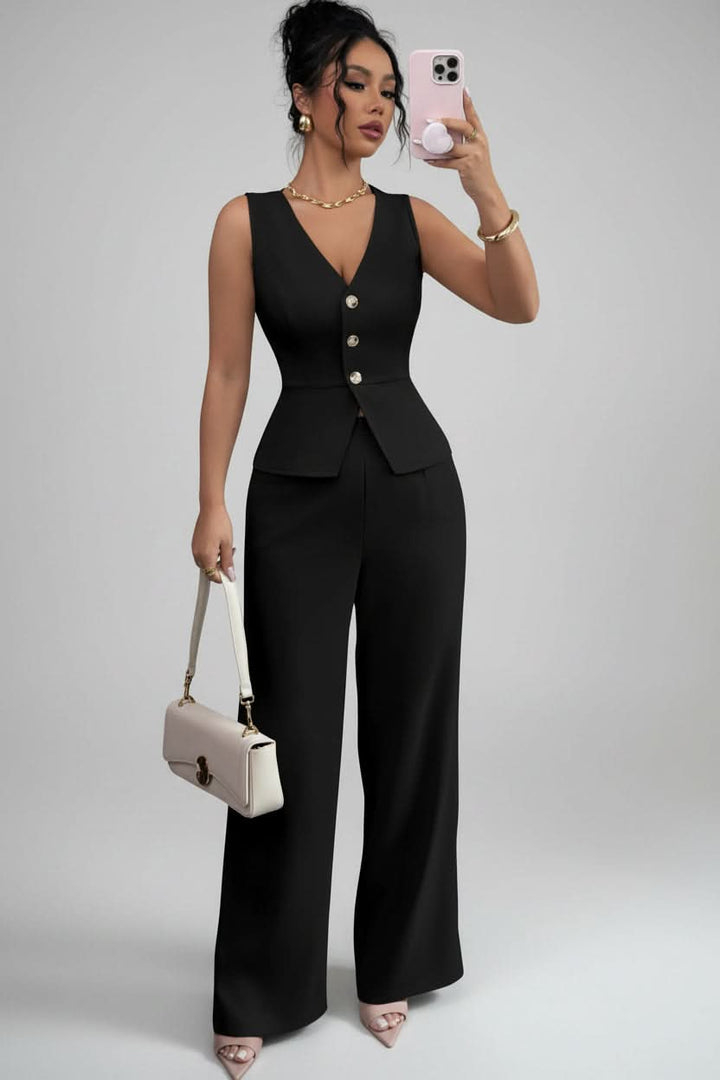 Stylish women's tailored two-piece set: sophisticated waistcoat & wide-leg pants. Versatile for office or events.
