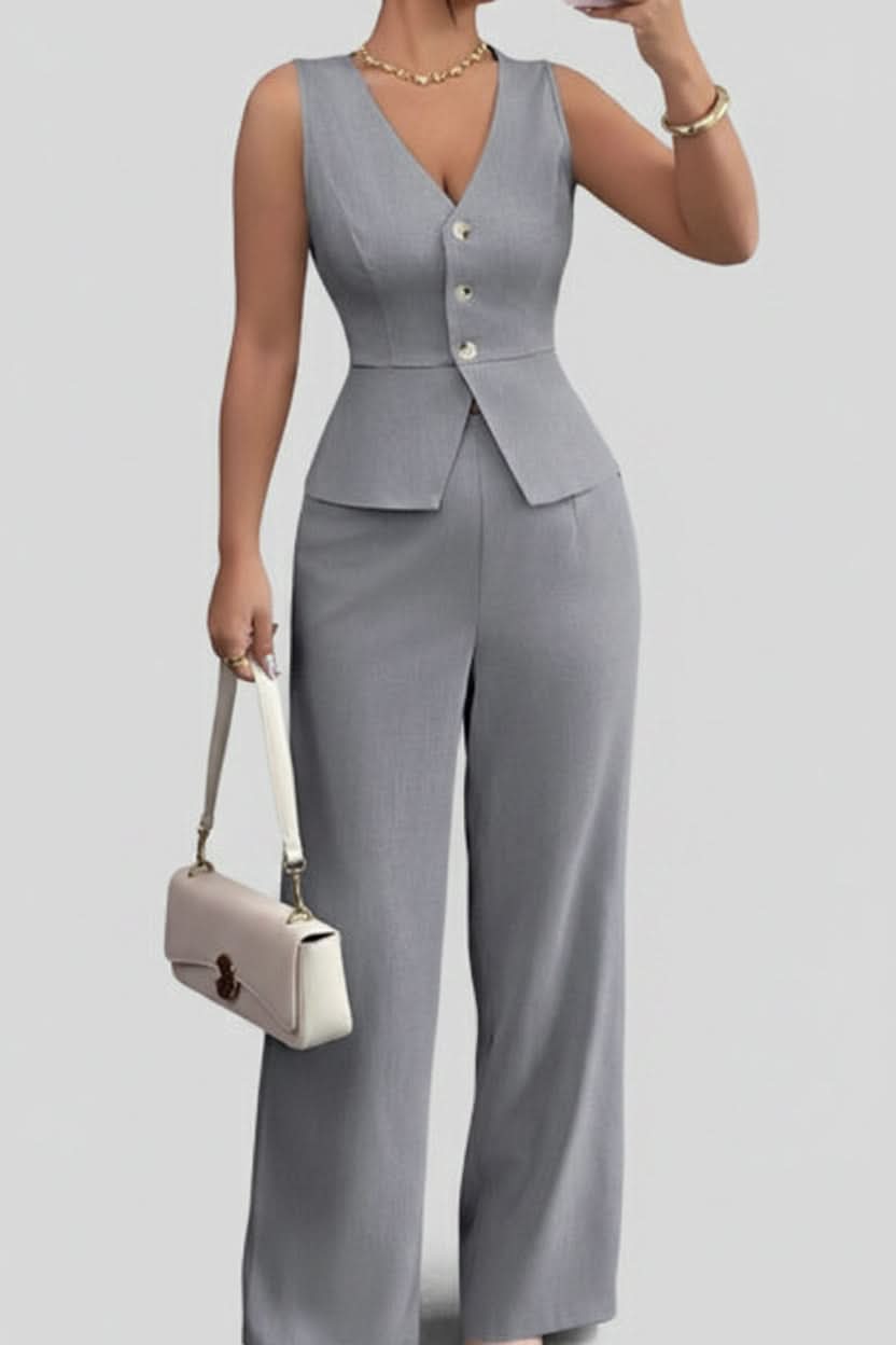 Fashionable women's two-piece set with a chic waistcoat and comfortable wide-leg pants, ideal for modern elegance.