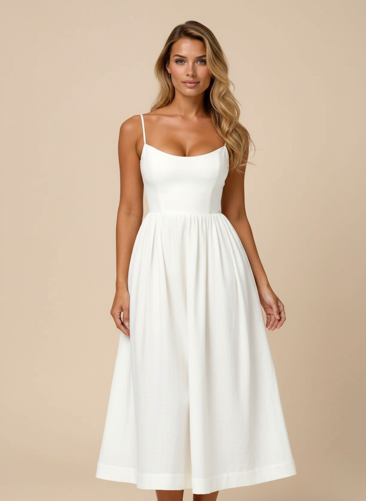 Women's spaghetti strap scoop neck fit & flare midi dress for elegant summer style and casual wear.