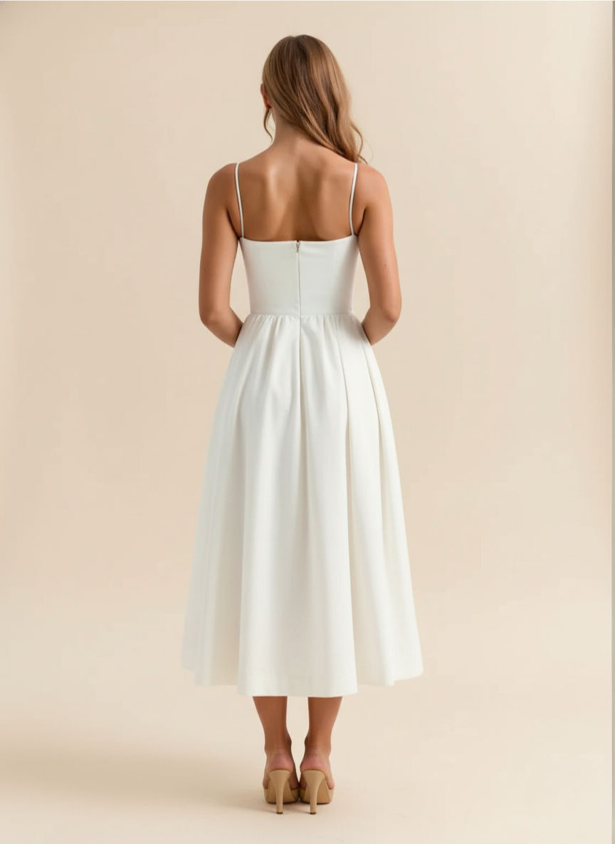 Feminine women's fit & flare midi dress with spaghetti straps & scoop neck, perfect for summer fashion.