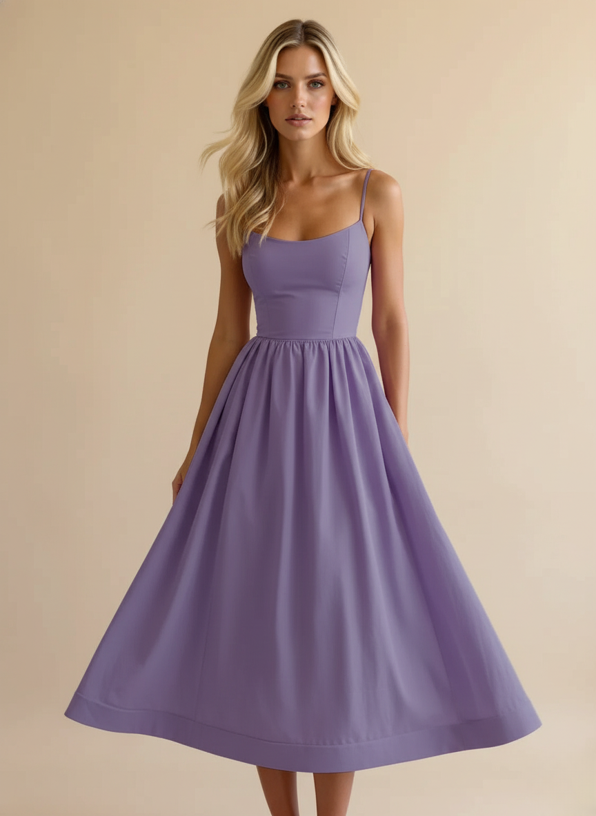 Versatile women's scoop neck midi dress, spaghetti strap fit & flare style for day or occasion wear.