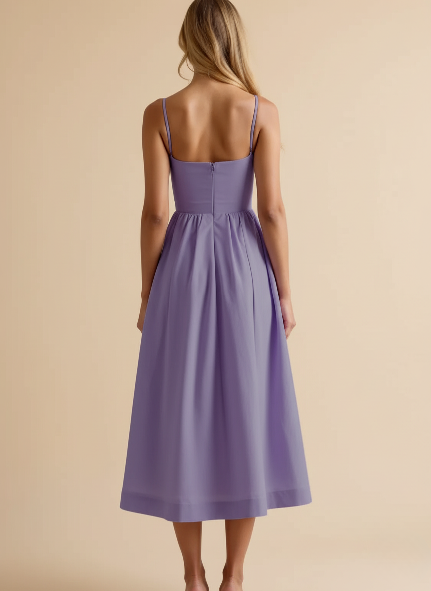Elegant women's spaghetti strap midi dress, a chic fit & flare design with a flattering scoop neck.
