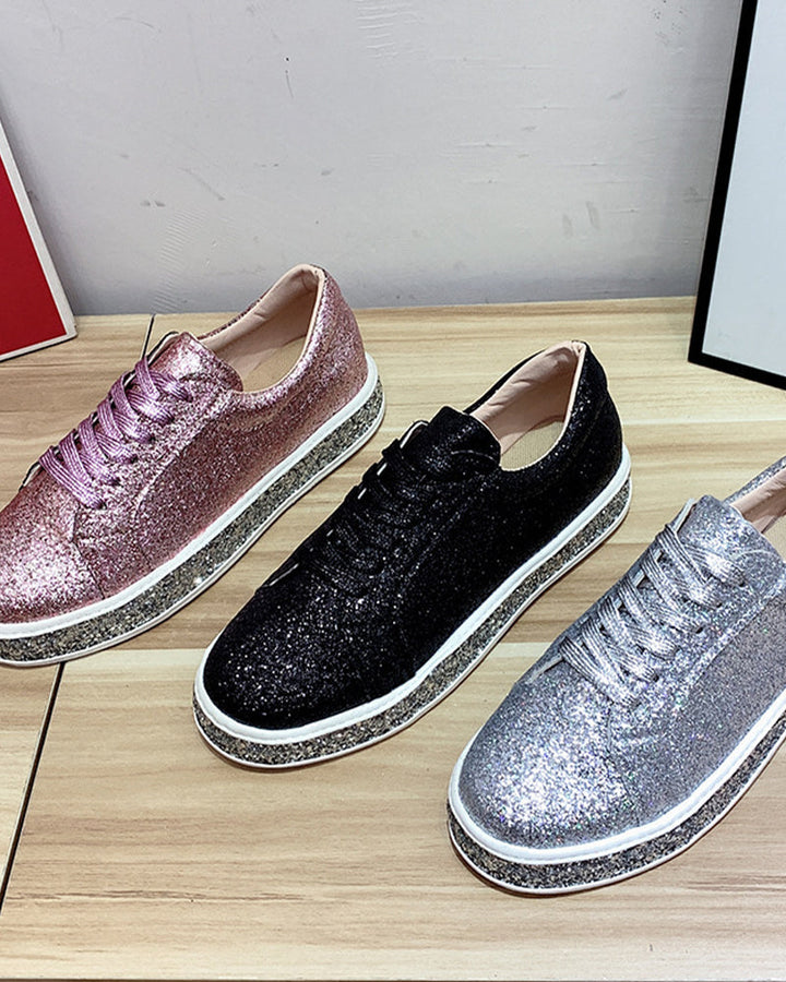 Women's dazzling glitter platform sneakers. Trendy casual footwear for a chic, comfortable and stylish look.