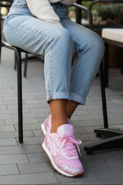 Close-up of women's shimmering glitter sneakers, highlighting the sparkling fabric and trendy design.
