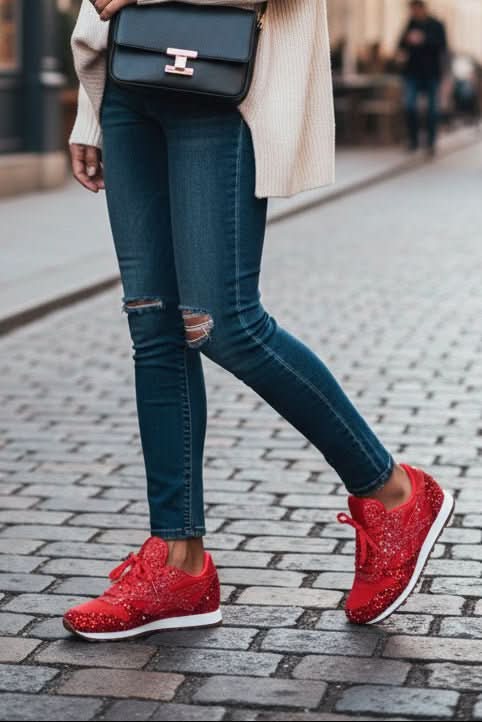Woman walking in stylish sparkling glitter sneakers, showcasing comfort, fashion, and everyday wear.