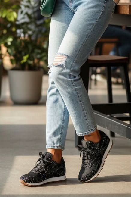 Women's casual outfit featuring sparkling glitter sneakers, blending comfort with glamour.
