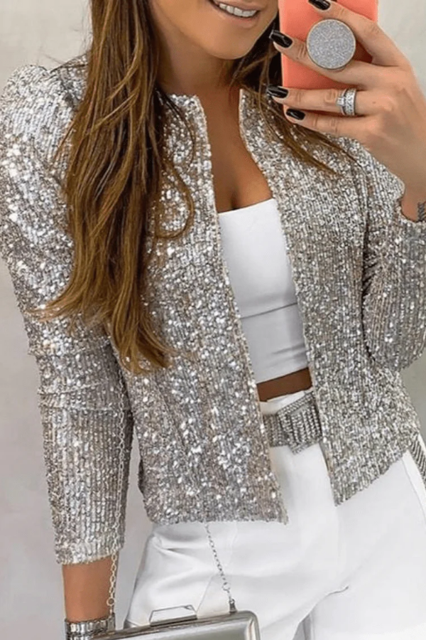 Silver sparkling open front blazer for women, an elegant statement piece for evening parties, holidays & glamorous events.