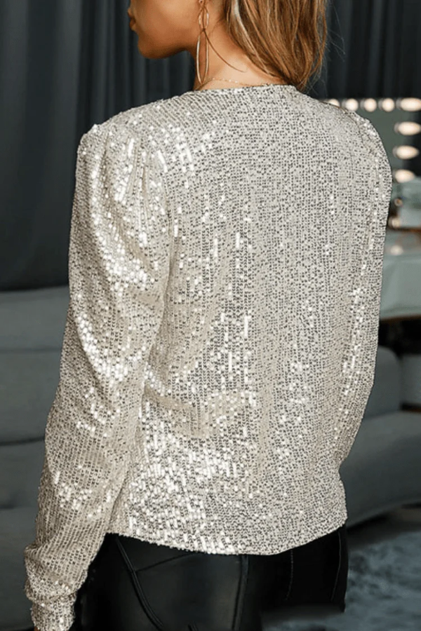 Stylish women's open front blazer with sparkling details, ideal for glamorous evening, party, or holiday fashion outerwear.