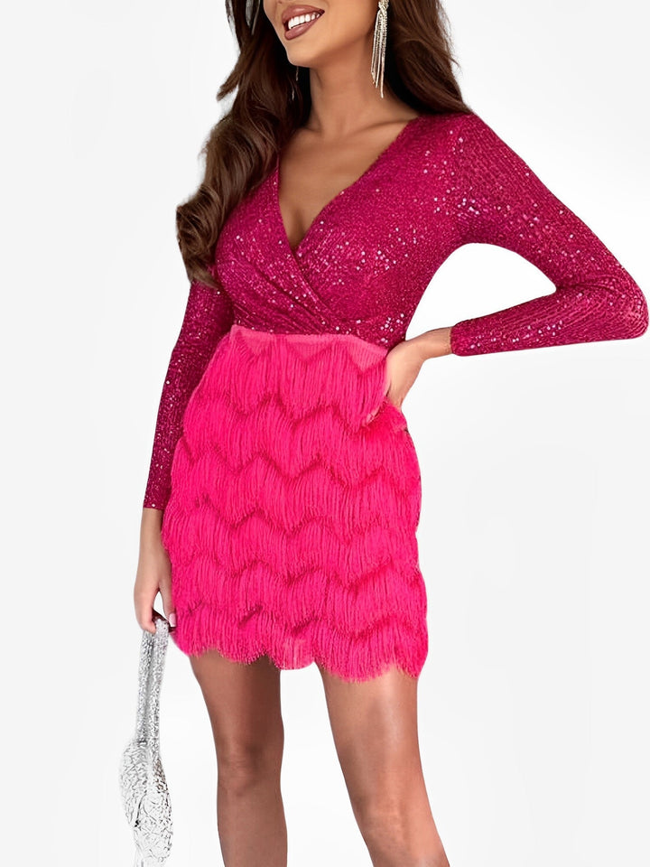 This women's wrap style sequin mini dress boasts long sleeves and dazzling fringe, great for formal dances.
