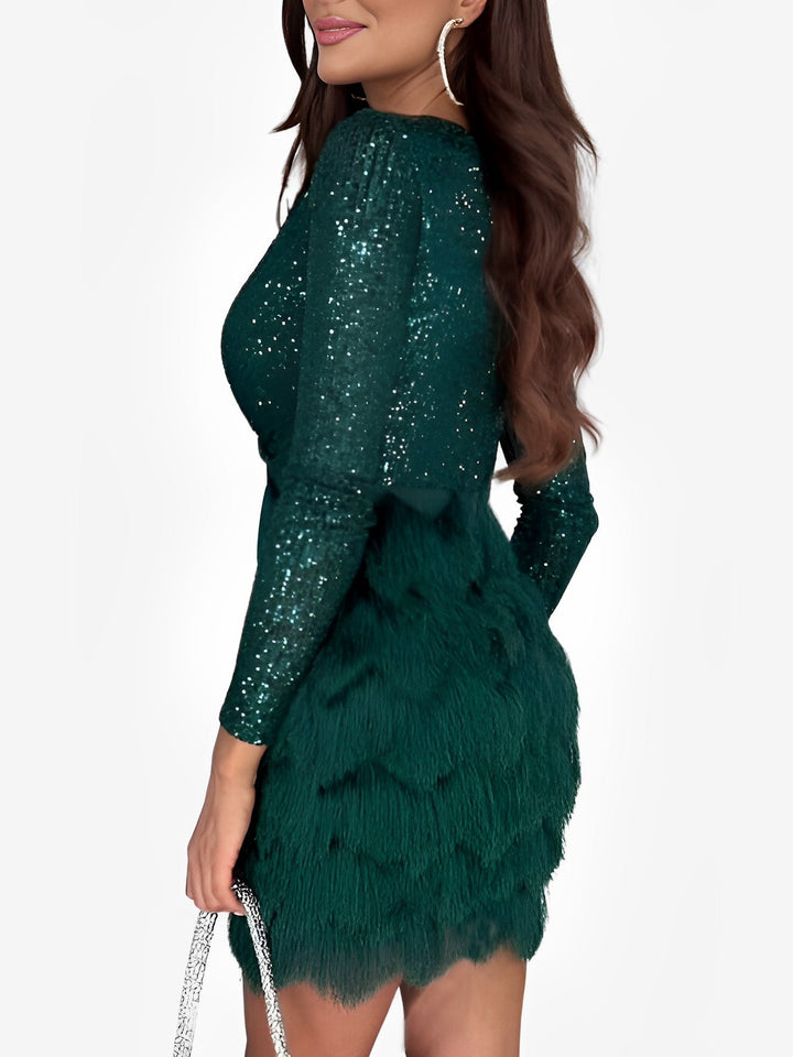 Glamorous women's long sleeve sequin mini dress with shimmering fringe, perfect for homecoming or cocktail parties.