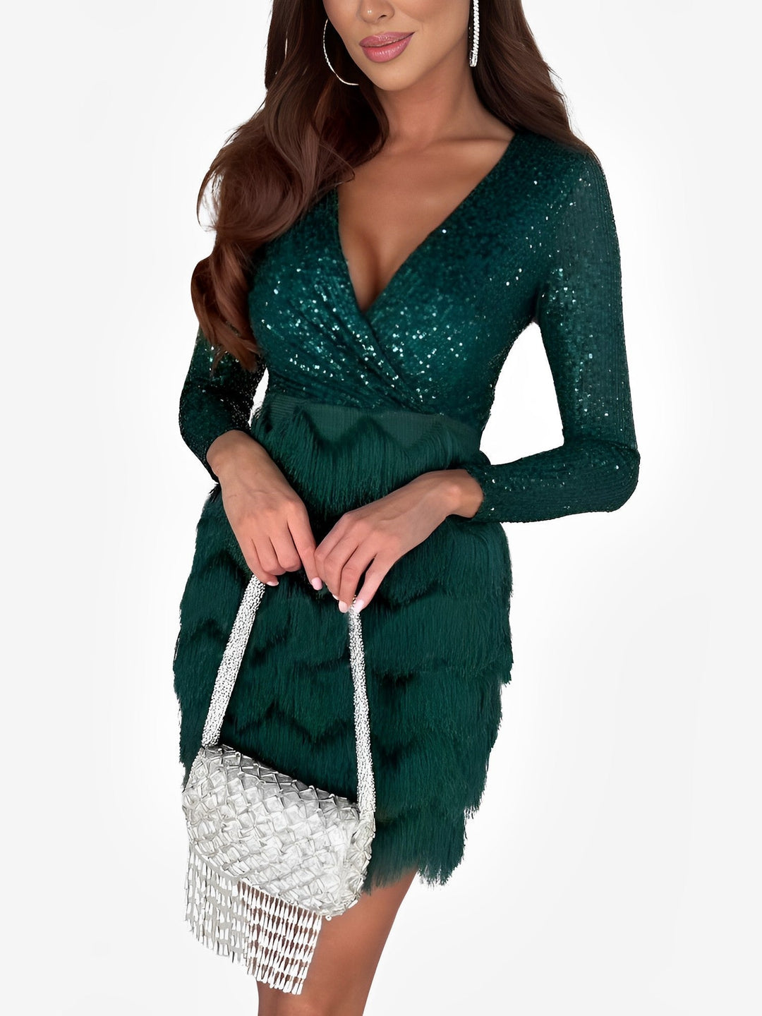 Dazzling women's sequin mini dress with long sleeves and playful fringe, designed for homecoming & dance.