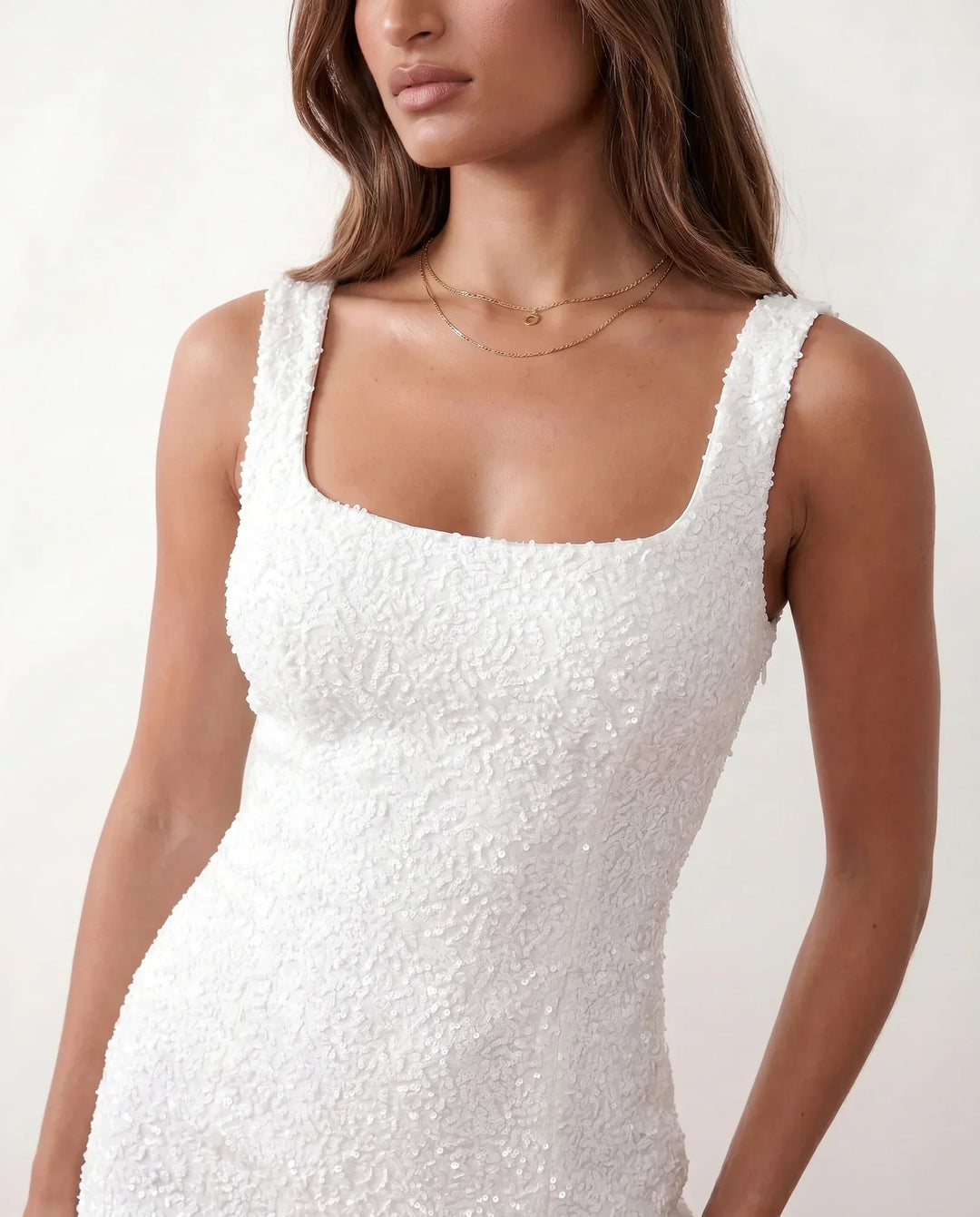 Dazzling women's square neck sequin mini dress, bodycon fit, ideal for formal events.